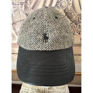 Polo Ralph Lauren Tweed Cap Adults Wool Leather Black Brim herringbone logo